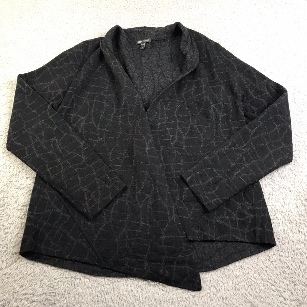Eileen Fisher Sweater Womens M Patterned Wool Stretch Open Cardigan Lagenlook
